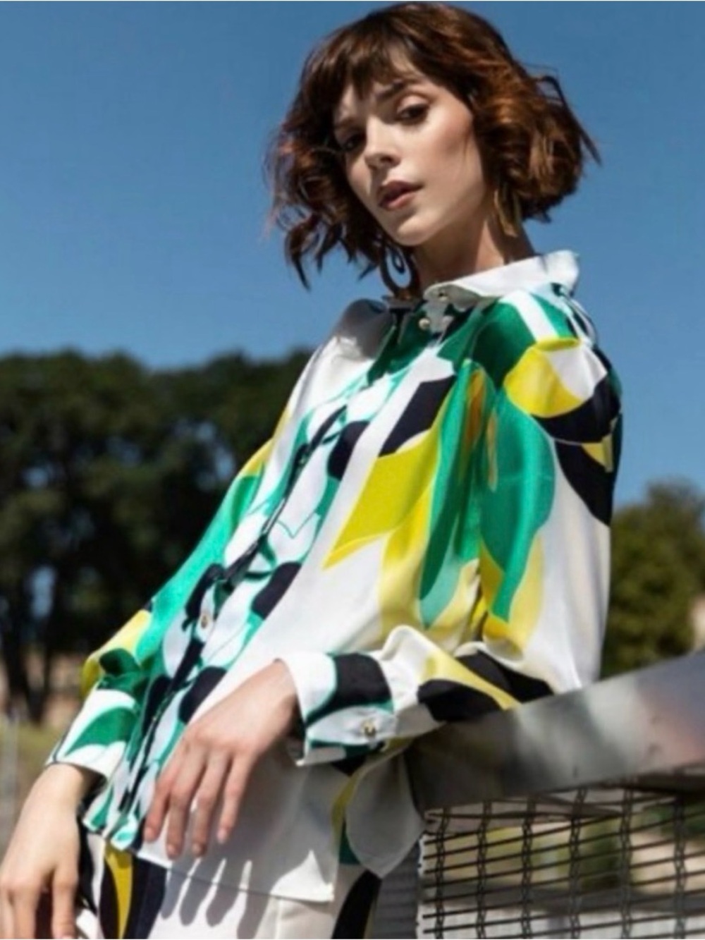 ZARA Satin Multicolor Abstract Button Front Shirt Long Sleeve Blouse